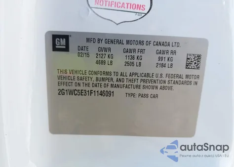 2015 Chevrolet Impala Limited Ltz из США, поврежденный, VIN 2G1WC5E31F1146091